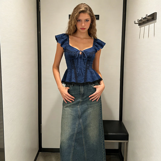 Navy Blue Lace Peplum Top