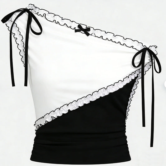 Black White One Shoulder Ruffle Top