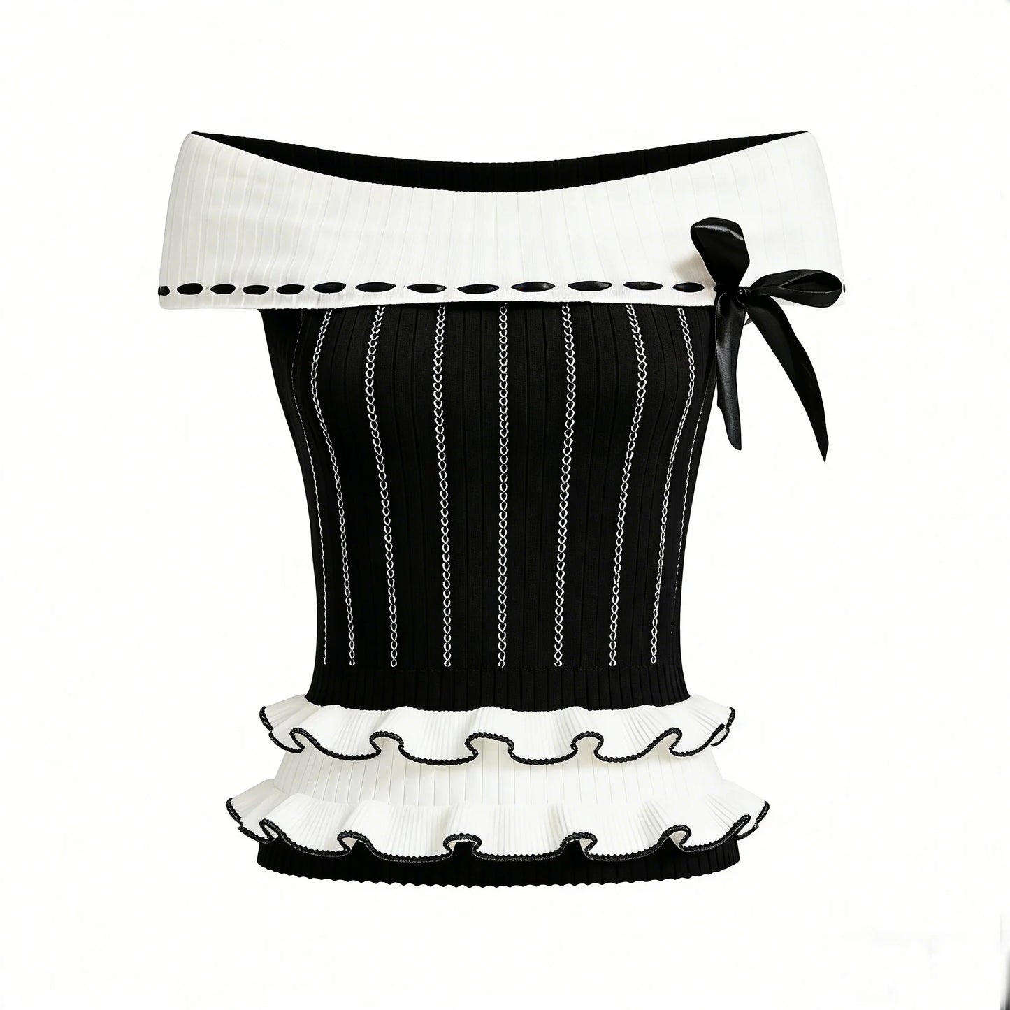 Black White Off Shoulder Knit Top