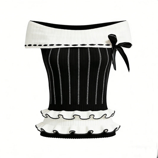 Black White Off Shoulder Knit Top