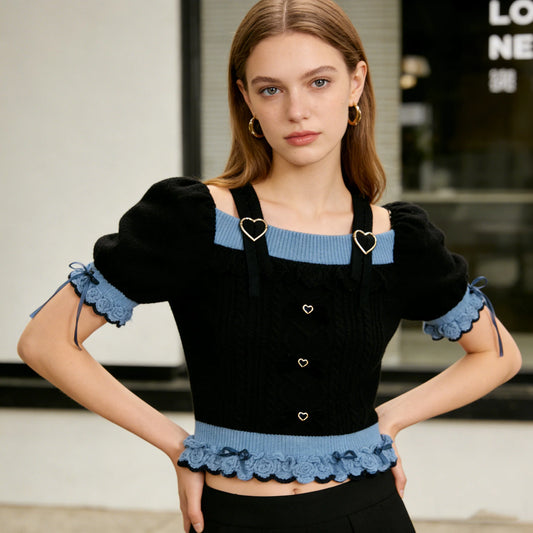 Black Blue Heart Knit Top