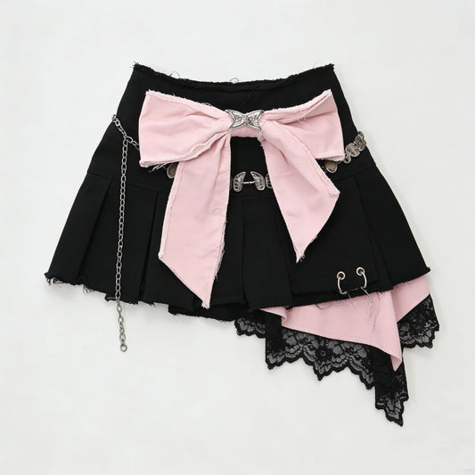 Black Pink Bow Asymmetrical Skirt