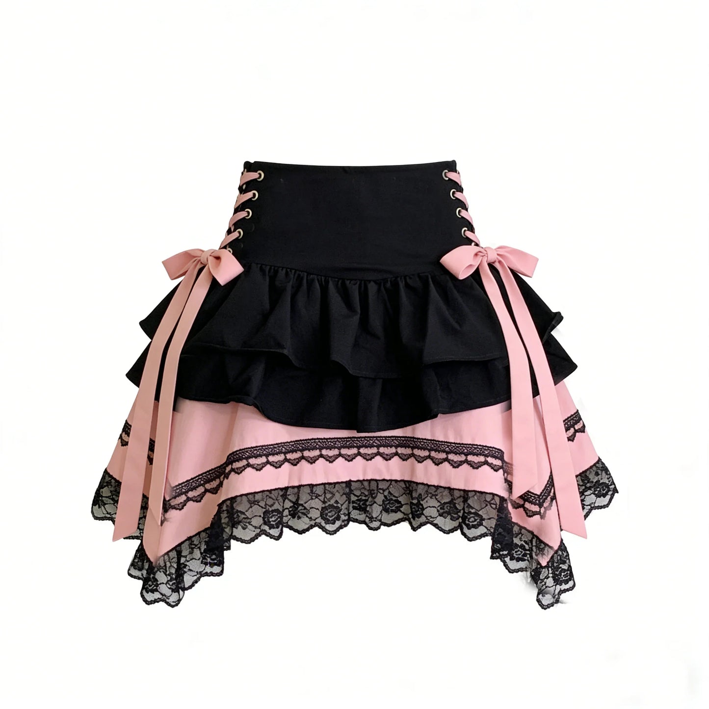 Black Pink Lace Ruffle Skirt